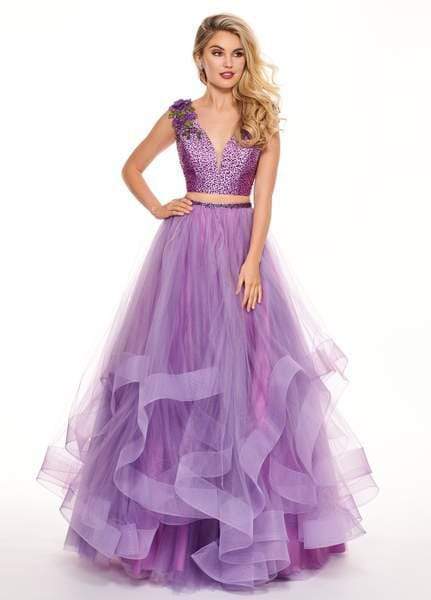 Rachel Allan - 6412 Two-Piece Floral Motif Shoulders Tiered Tulle Gown Special Occasion Dress 0 / Deep Lilac