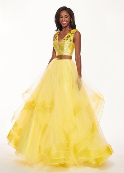 Rachel Allan - 6412 Two-Piece Floral Motif Shoulders Tiered Tulle Gown Special Occasion Dress 0 / Yellow