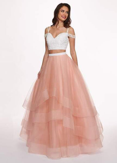 Rachel Allan - 6434 Two Piece Cold Shoulder Crop Top Tulle Prom Dress Special Occasion Dress 0 / White/Blush