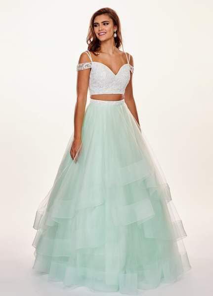 Rachel Allan - 6434 Two Piece Cold Shoulder Crop Top Tulle Prom Dress Special Occasion Dress 0 / White/Mint