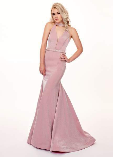Rachel Allan - 6436 Beaded High Halter Metallic Jersey Mermaid Dress Special Occasion Dress 0 / Blush