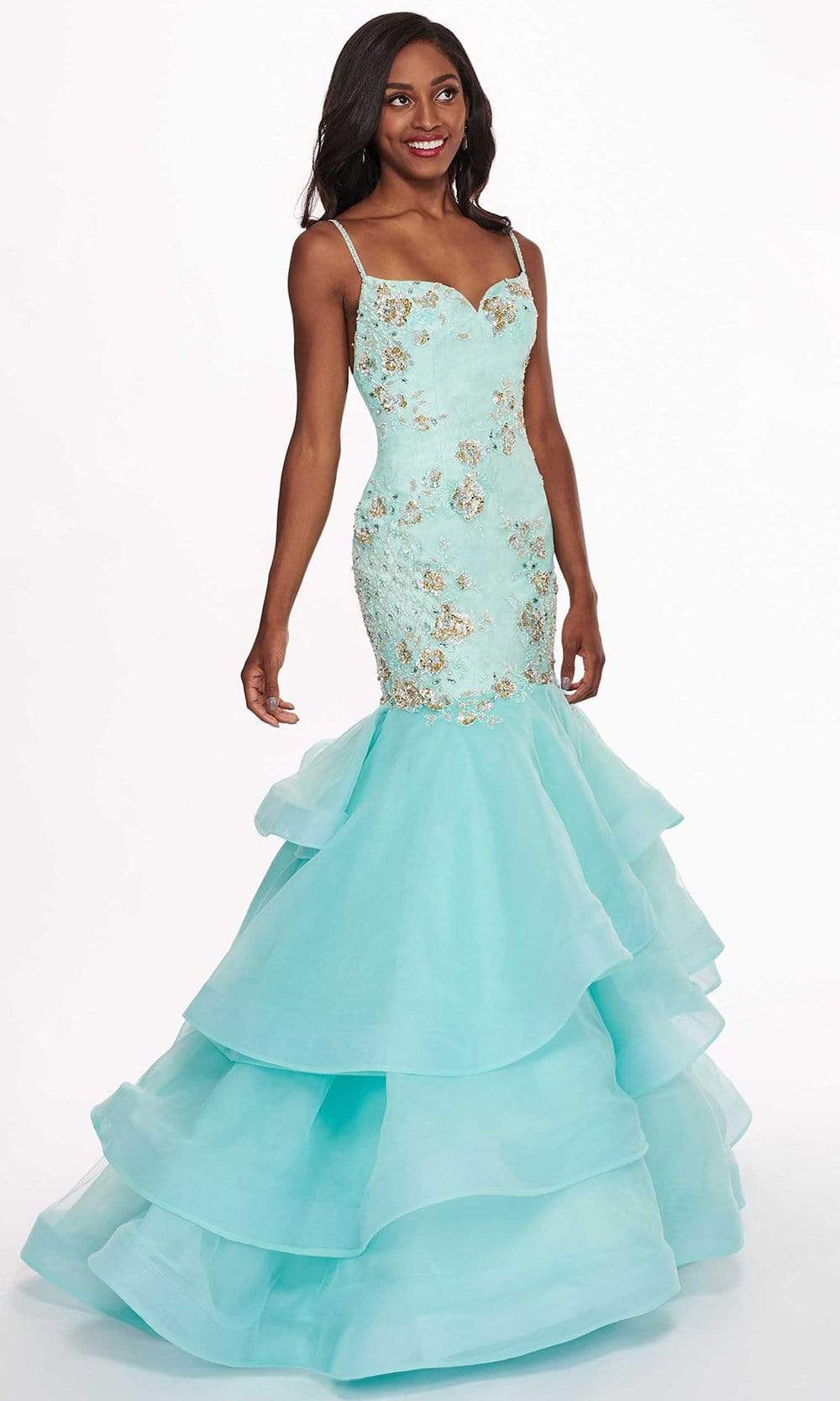 Rachel Allan - 6485 Embellished Sweetheart Tiered Mermaid Gown Special Occasion Dress 0 / Mint Blue