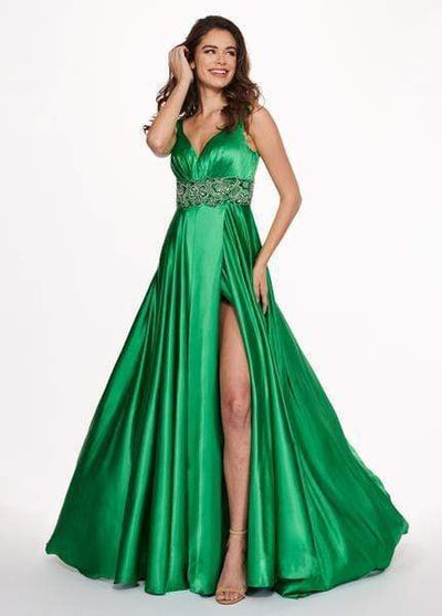 Rachel Allan - 6510 Beaded V-neck Stretch Satin A-line Dress Special Occasion Dress 0 / Emerald