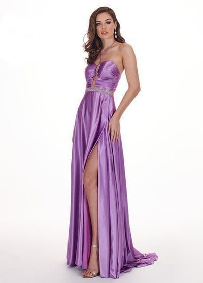 Rachel Allan - 6521 Shirred Double Cutout High Slit Gown Prom Dresses 0 / Deep Lilac