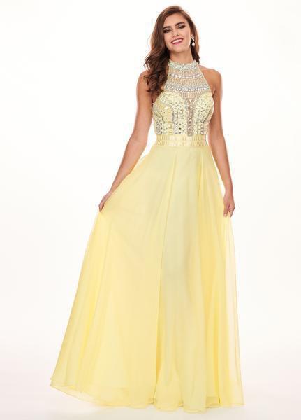 Rachel Allan - 6568 Crystal Embellished Illusion Top Chiffon Gown Prom Dresses 0 / Soft Yellow