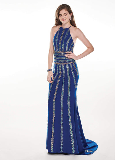 Rachel Allan - 6575 Beaded Halter Jersey Trumpet Dress Evening Dresses 0 / Royal