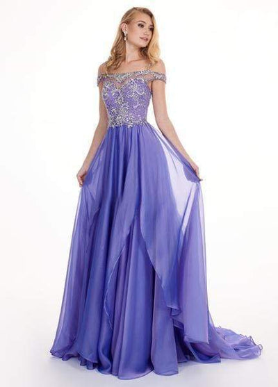 Rachel Allan - 6591 Crystal Ornate Illusion Off Shoulder Cascade Gown Special Occasion Dress 0 / Lavender
