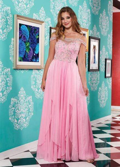 Rachel Allan - 6591 Crystal Ornate Illusion Off Shoulder Cascade Gown Special Occasion Dress 0 / Light Pink
