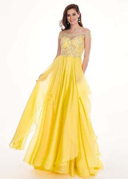 Rachel Allan - 6591 Crystal Ornate Illusion Off Shoulder Cascade Gown Special Occasion Dress 0 / Yellow