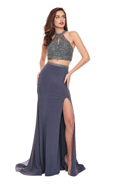 Rachel Allan - 6641 Two-Piece Beaded Halter High Slit Gown Special Occasion Dress 0 / Charcoal
