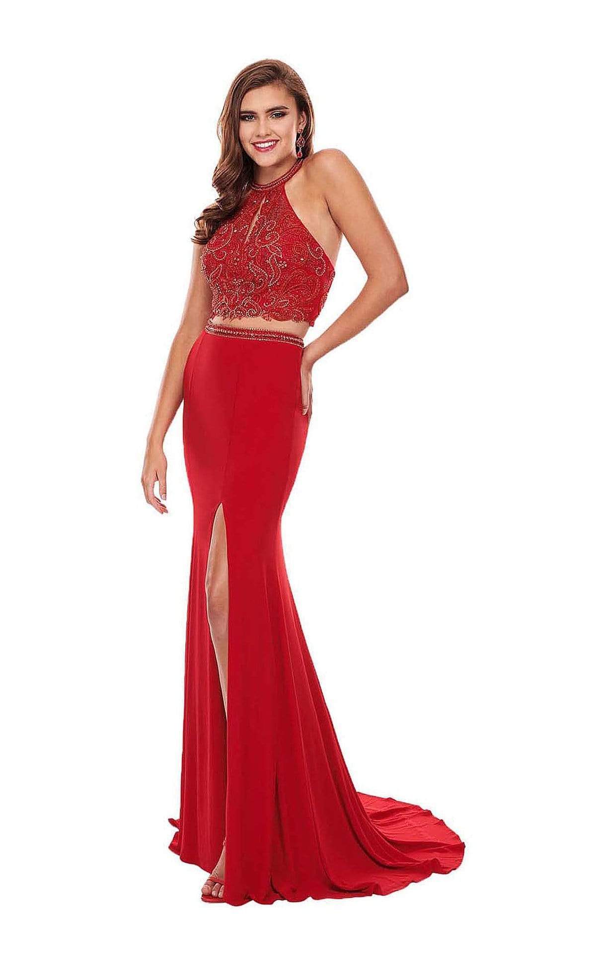Rachel Allan - 6641 Two-Piece Beaded Halter High Slit Gown Special Occasion Dress 0 / Red