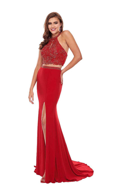 Rachel Allan - 6641 Two-Piece Beaded Halter High Slit Gown Special Occasion Dress 0 / Red