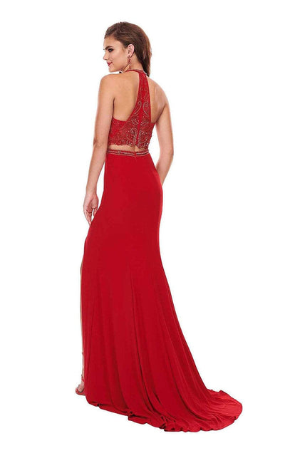 Rachel Allan - 6641 Two-Piece Beaded Halter High Slit Gown Special Occasion Dress