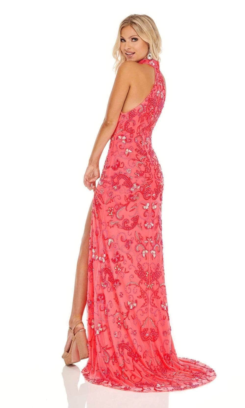 Rachel Allan - 70000 High Neck Beaded Long Dress - 1 pc Neon Pink Coral In Size 6 Available CCSALE 6 / Neon Pink Coral
