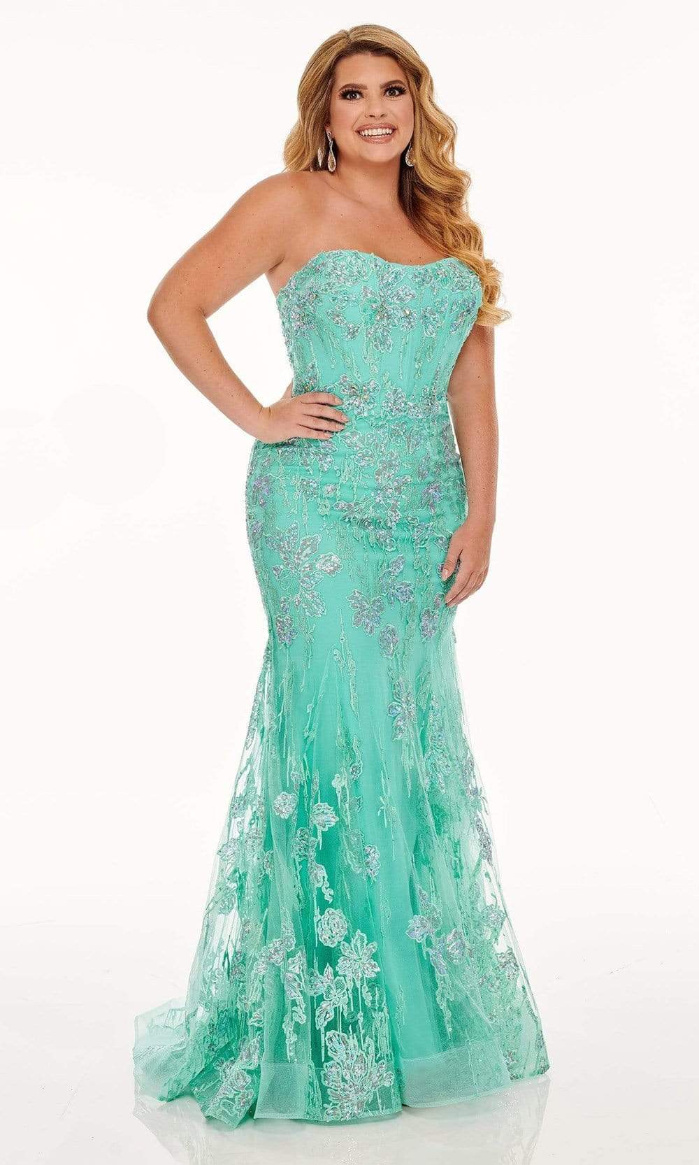 Rachel Allan - 70011W Strapless Embroidery Plus Size Dress Prom Dresses 14W / Aqua Mint