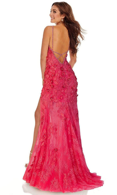 Rachel Allan - 70016SC Rose Accented Enchanting Lace Slit Dress In Pink