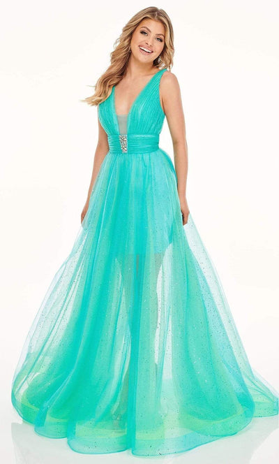 Rachel Allan - 70063 Plunging V Neck Tulle Dress Prom Dresses 00 / Turquoise Iridescent
