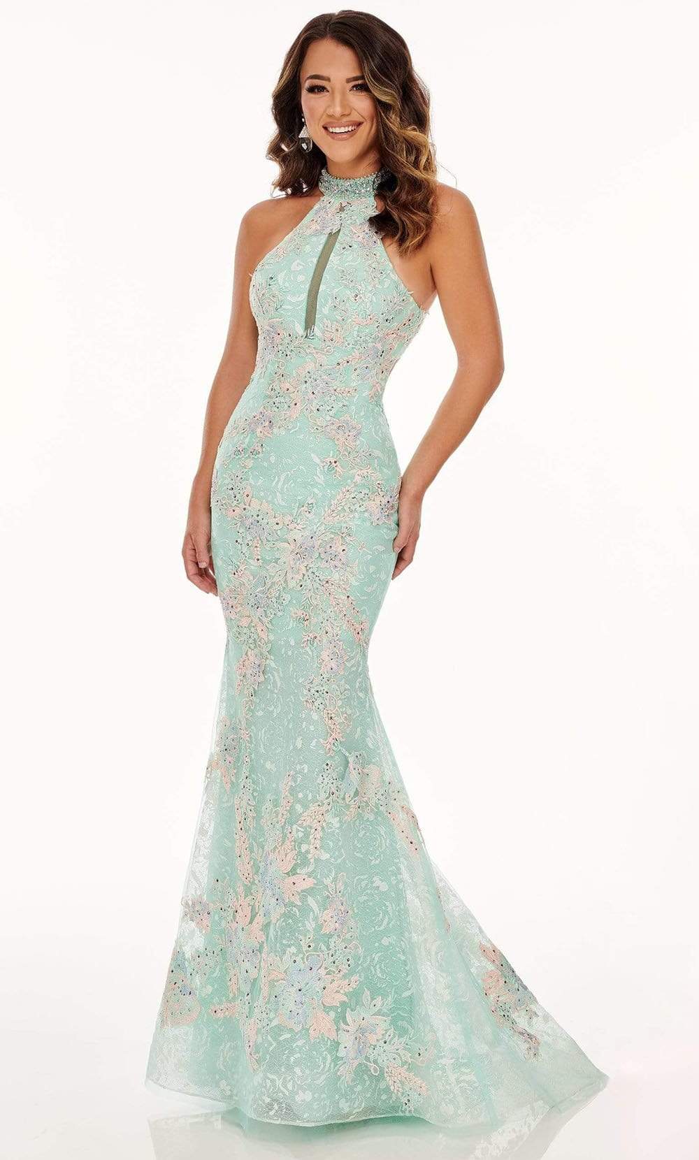 Rachel Allan - 70066 Lace Applique High Halter Trumpet Dress Prom Dresses 10 / Mint Multi