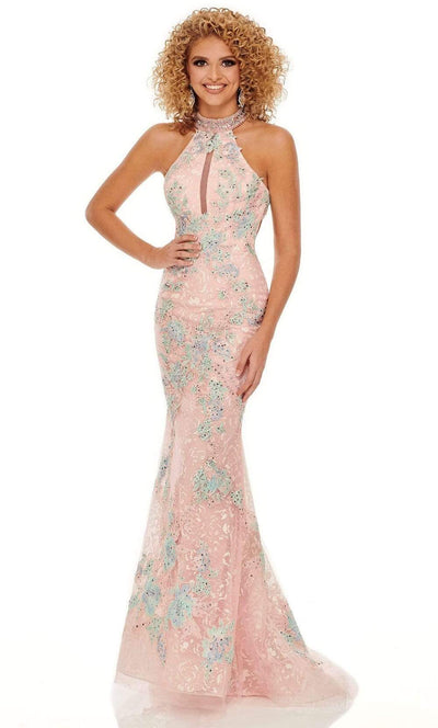 Rachel Allan - 70066 Lace Applique High Halter Trumpet Dress Prom Dresses 10 / Pink Multi