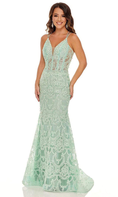 Rachel Allan - 70112 Applique Deep V Neck Mermaid Gown Prom Dresses 00 / Mint Green