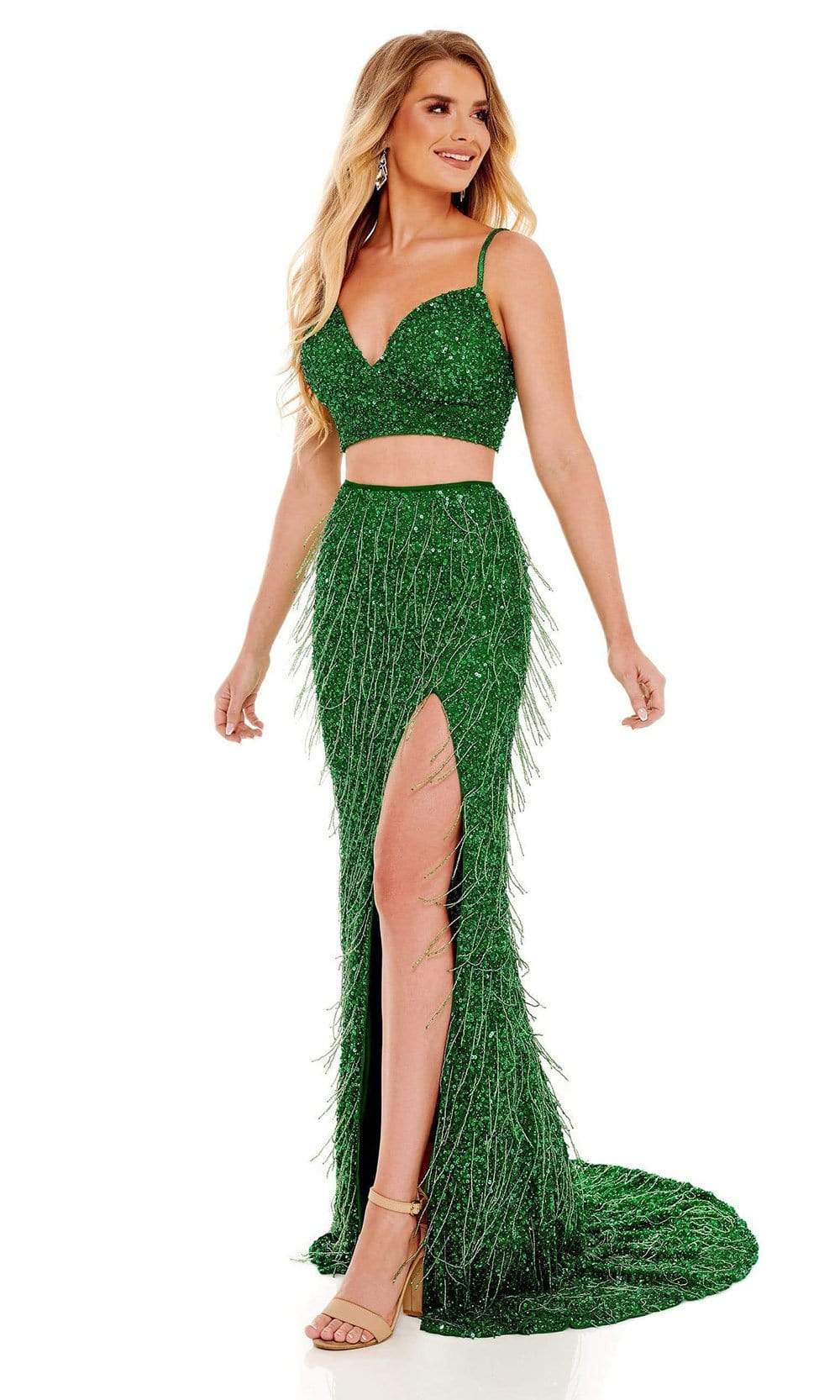 Rachel Allan - 70137 Two-Piece Bead-Fringed Gown Prom Dresses 00 / Emerald