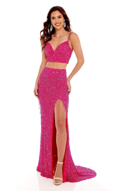 Rachel Allan - 70137 Two-Piece Bead-Fringed Gown Prom Dresses 00 / Fuchsia