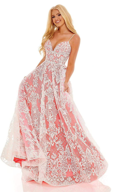 Rachel Allan - 70160 Lace Pattern A-Line Evening Dress Prom Dresses 00 / Hot Pink White