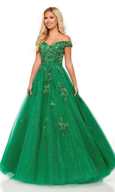 Rachel Allan - 70187 Bead Embellished Off Shoulder Ballgown Prom Dresses 00 / Emerald