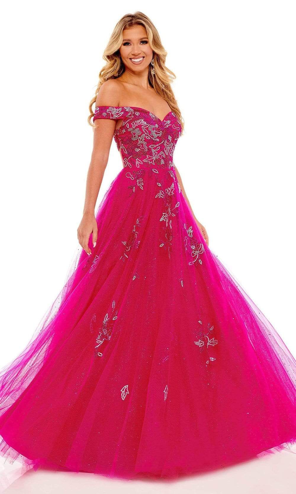 Rachel Allan - 70187 Bead Embellished Off Shoulder Ballgown Prom Dresses 00 / Fuchsia