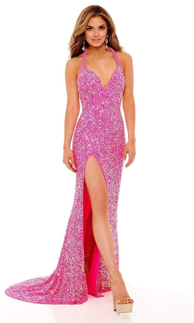 Rachel Allan - 70195 Halter Sheath Evening Dress Prom Dresses 00 / Hot Pink