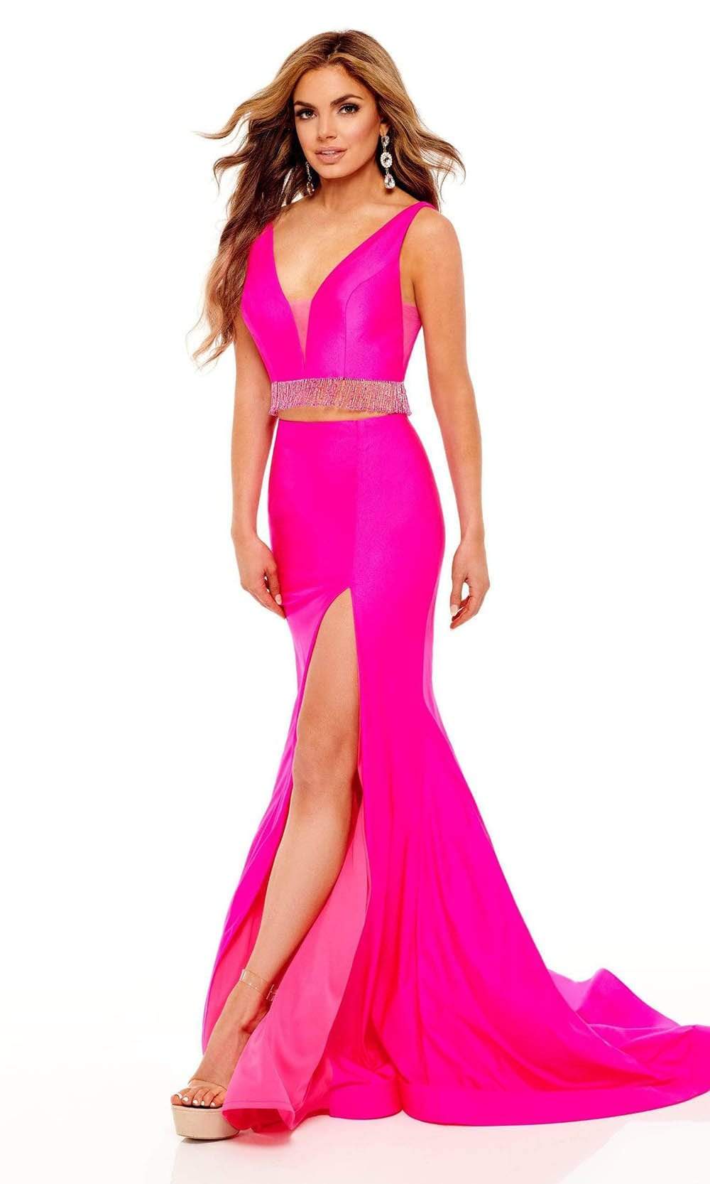 Rachel Allan - 70196 Plunging V-Neck Fringe Evening Dress Prom Dresses 00 / Neon Pink