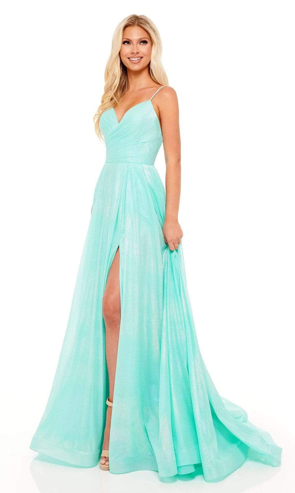 Rachel Allan - 70200 V-Neck A-Line Evening Gown Prom Dresses 00 / Aqua Mint