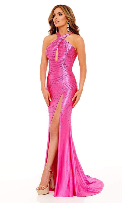 Rachel Allan - 70232 Rhinestone Criss-Cross Halter Dress Prom Dresses 00 / Fuchsia