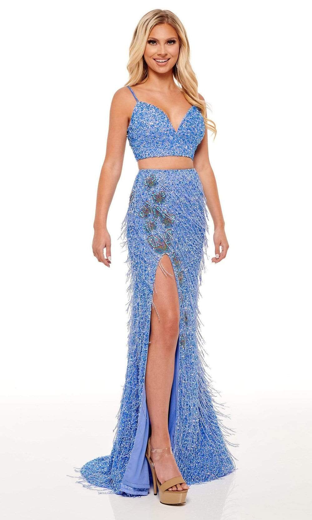 Rachel Allan 70258 - Long Beaded Tulle Mermaid Dress - Two-Piece, Bead Fringed, Butterfly Motif, High Slit, Lace Up Back, Sweep Train 10 / White Gold Rachel Allan 70258 - Long Beaded Tulle Mermaid Dress - Two-Piece, Bead Fringed, Butterfly Motif, High Slit, Lace Up Back, Sweep Train 10 / White Gold