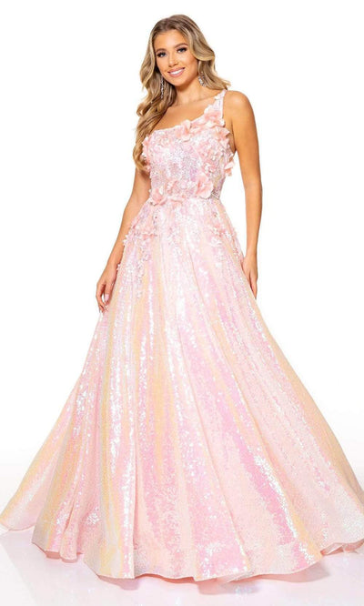 Rachel Allan - 70267 Asymmetrical Appliqued Ballgown Prom Dresses 00 / Pink Iridescent