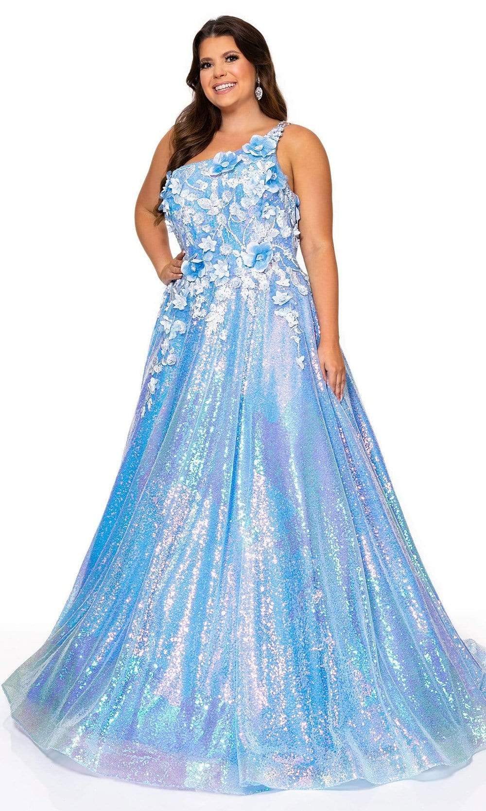 Rachel Allan - 70267W Floral Detailed One Shoulder Gown Prom Dresses 14W / Periwinkle