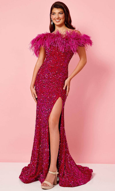 Rachel Allan 70280 - Feathered Off Shoulder Prom Gown Special Occasion Dress 00 / Fuchsia