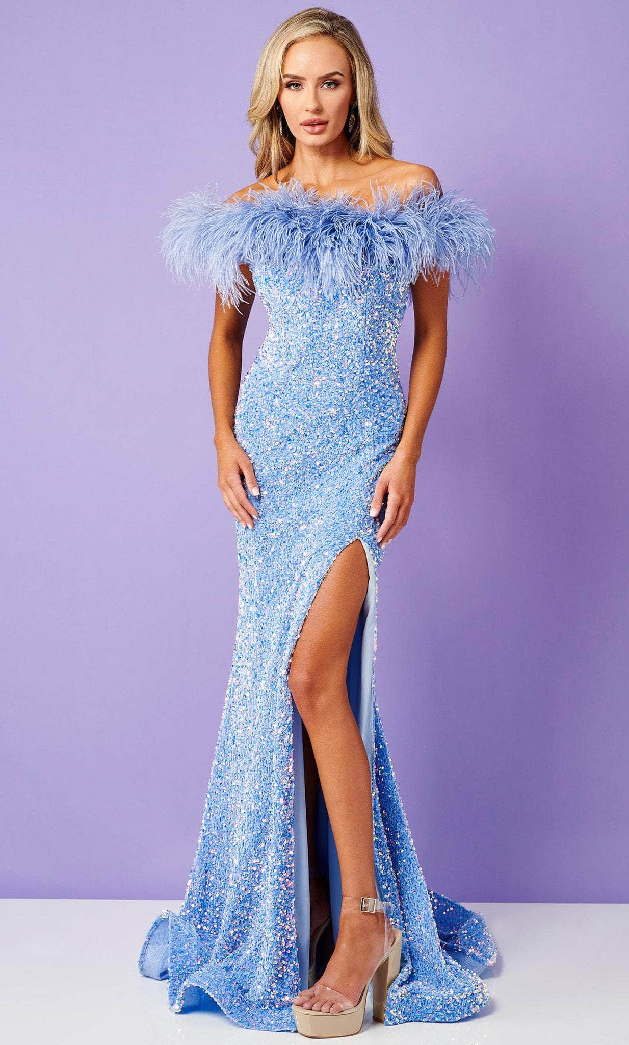 Rachel Allan 70280 - Feathered Off Shoulder Prom Gown Special Occasion Dress 00 / Periwinkle