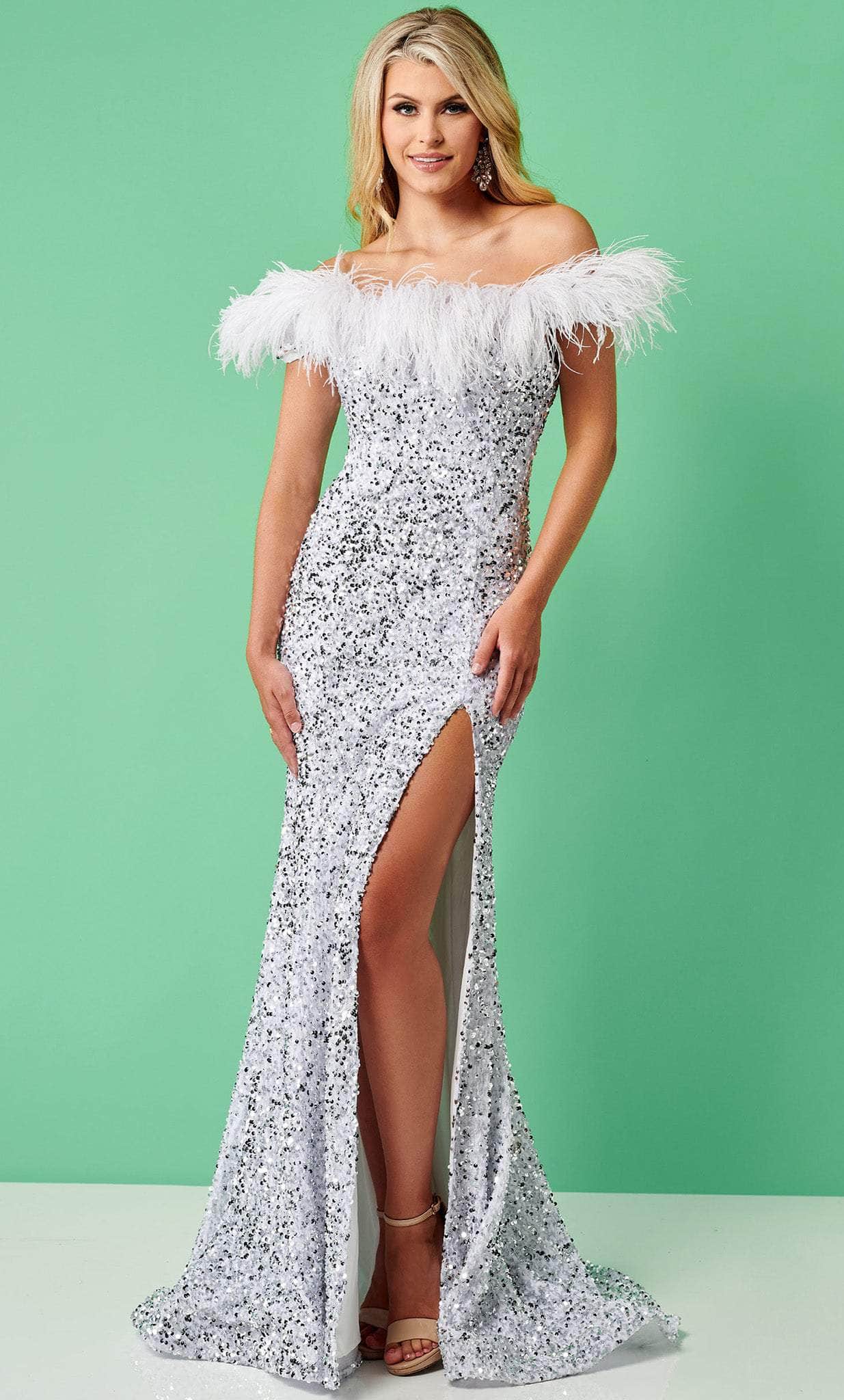 Rachel Allan 70280 - Feathered Off Shoulder Prom Gown Special Occasion Dress 00 / White Silver