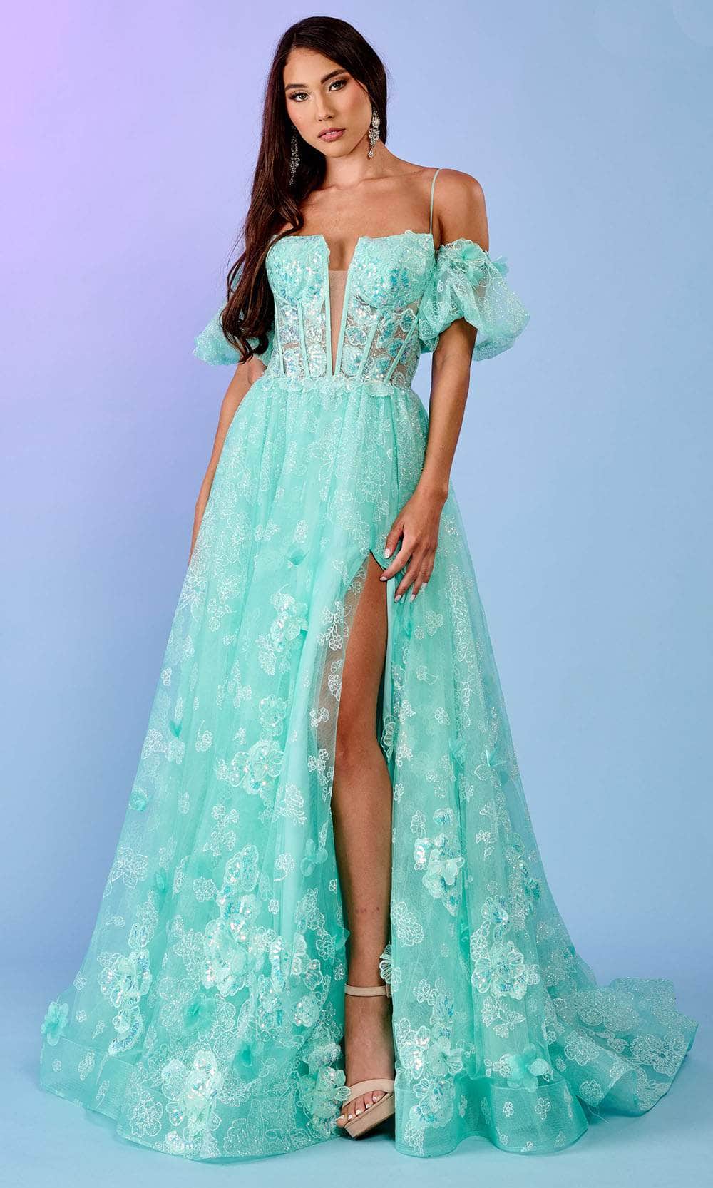 Rachel Allan 70557 - Floral Print Ballgown Prom Dresses 00 / Mint