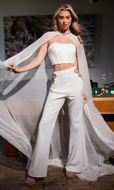 Rachel Allan 70613 - Strapless Beaded Appliqued Jumpsuit Formal Pantsuits 00 / White