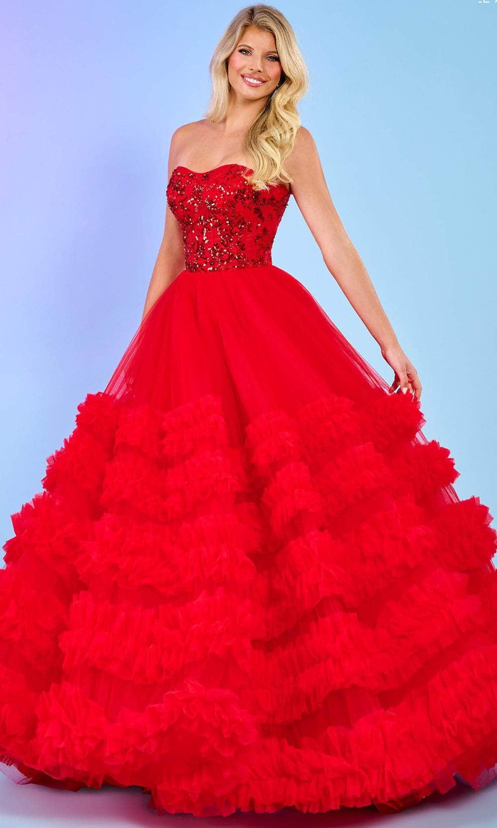 Rachel Allan 70621 - Sweetheart Ruffled Tulle Ballgown Ball Gowns 00 / Red