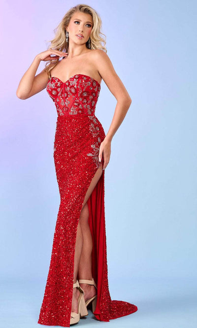 Rachel Allan 70650 - Strapless Embellished Prom Gown Prom Dresses 00 / Red Silver