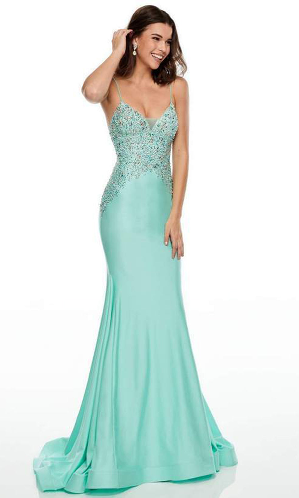 Rachel Allan - Beaded V-Neck Jersey Mermaid Dress 7144 - 1 pc Aqua In Size 2 Available CCSALE 2 / Aqua