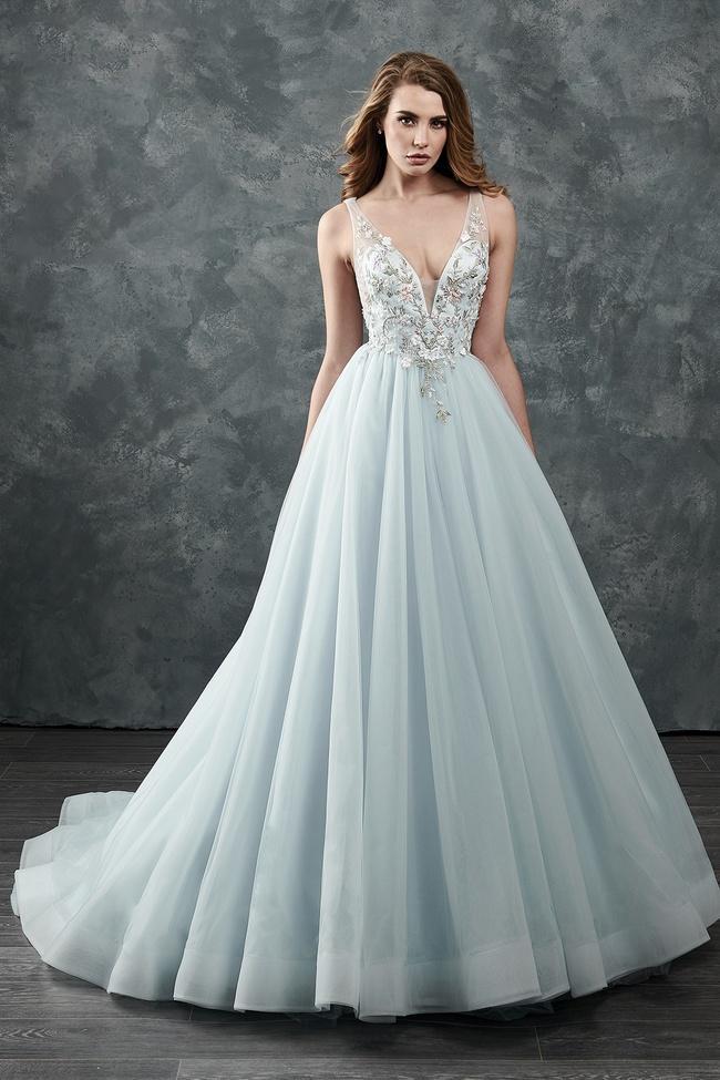 Rachel Allan Bridal - M645 Floral Applique V Neck Tulle Wedding Gown Special Occasion Dress 0 / Ice Blue/Multi