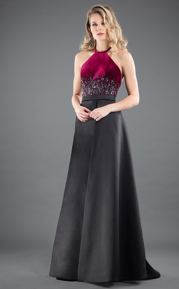 Rachel Allan Couture - 8279 Floral Beaded Halter Gown Special Occasion Dress 0 / Black/Wildberry