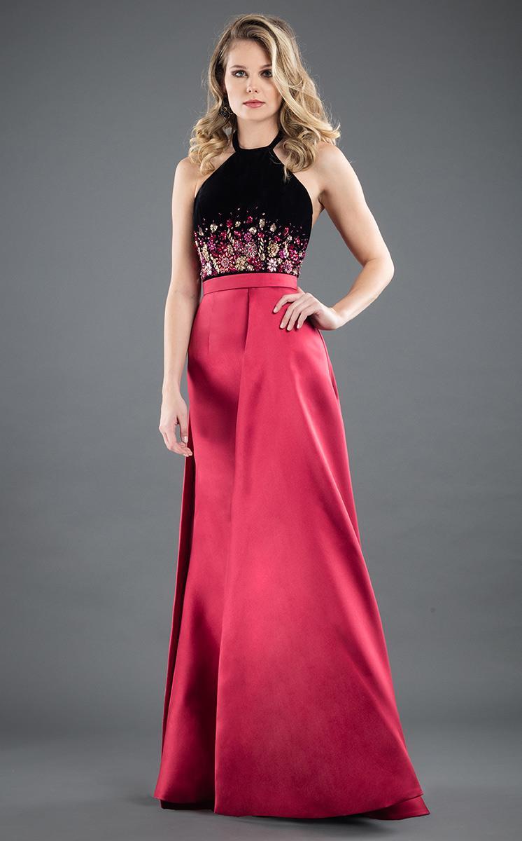 Rachel Allan Couture - 8279 Floral Beaded Halter Gown Special Occasion Dress 0 / Marsala/Black