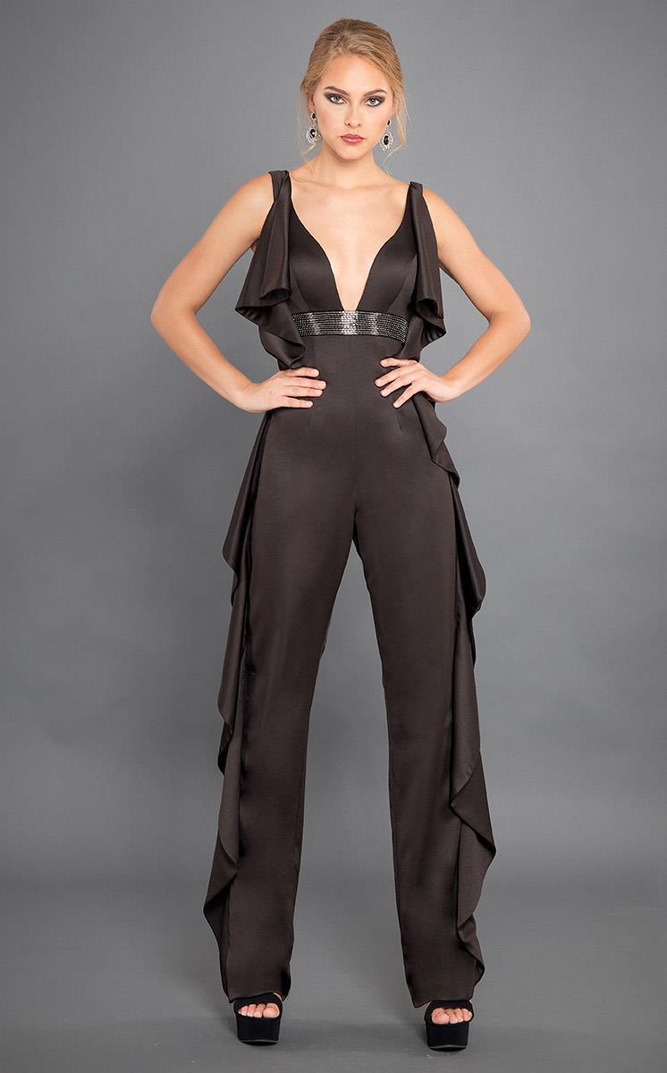 Rachel Allan Couture - 8308 Embellished Deep V-neck Jumpsuit Special Occasion Dress 0 / Black