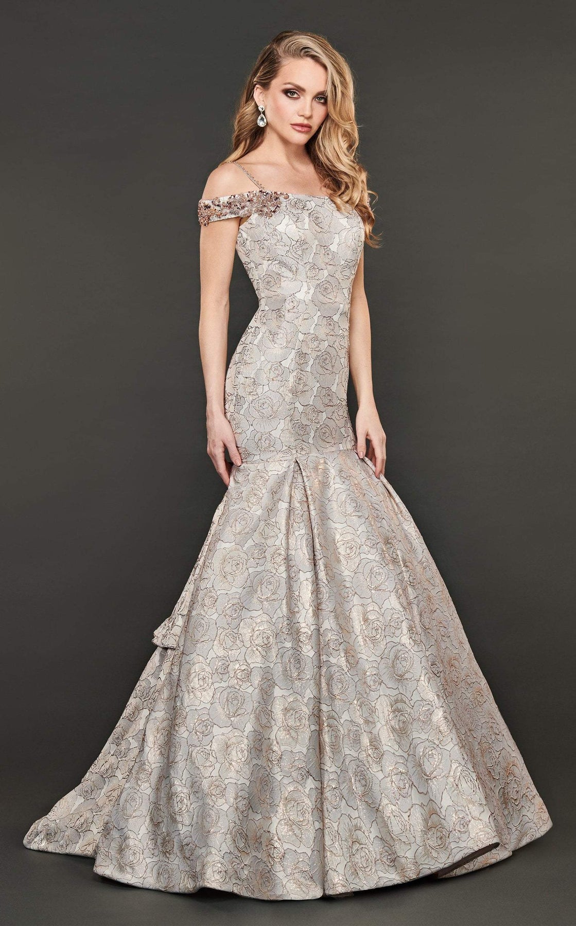 Rachel Allan Couture - 8401 Floral Off-Shoulder Trumpet Gown Special Occasion Dress 0 / Champagne Rose Gold