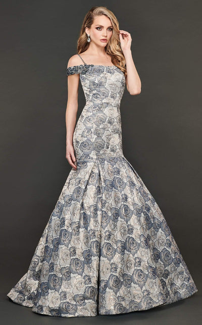 Rachel Allan Couture - 8401 Floral Off-Shoulder Trumpet Gown Special Occasion Dress 0 / Navy Gold